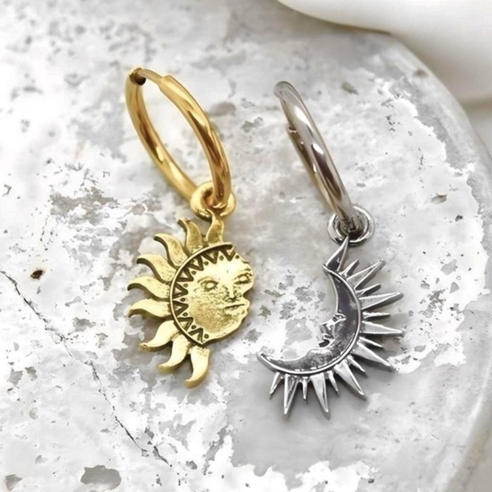 Mixed Metal Sun Moon Hoop Earrings